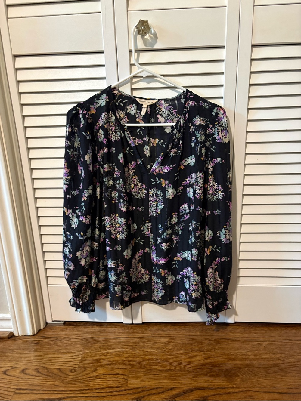Rebecca Taylor Black Floral V-Neck Long Sleeve Blouse